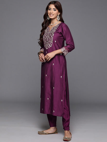 Floral Embroidered Sequinned Liva Kurta with Trousers & Dupatta