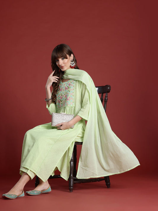 Dhiyona IE Floral Embroidered Panelled Thread Work Pure Cotton Kurta with Trousers & Dupatta