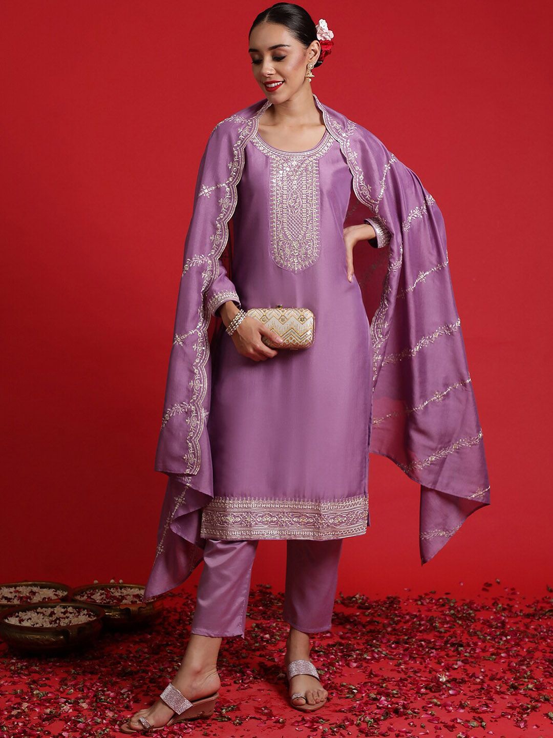 Dhiyona IE Floral Embroidered Sequinned Kurta With Trousers & Dupatta