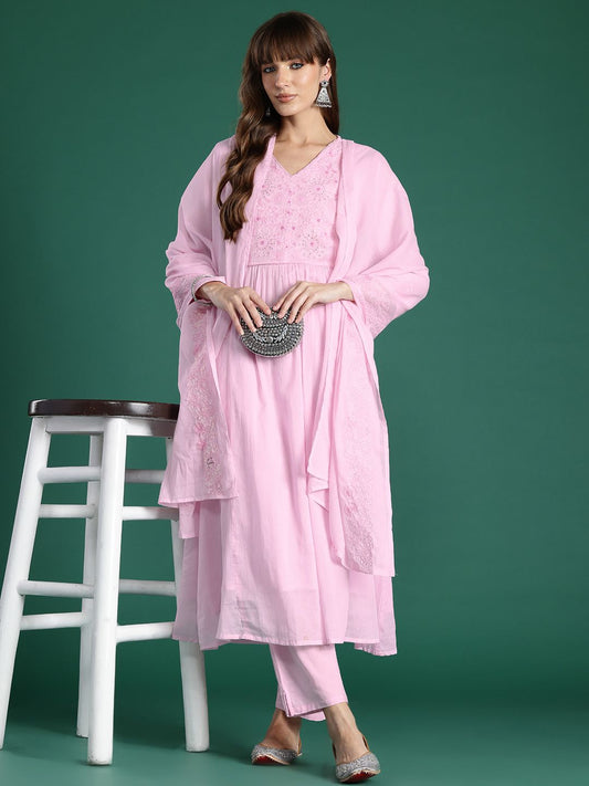 Floral Embroidered Panelled Thread Work Pure Cotton Kurta with Trousers & Dupatta