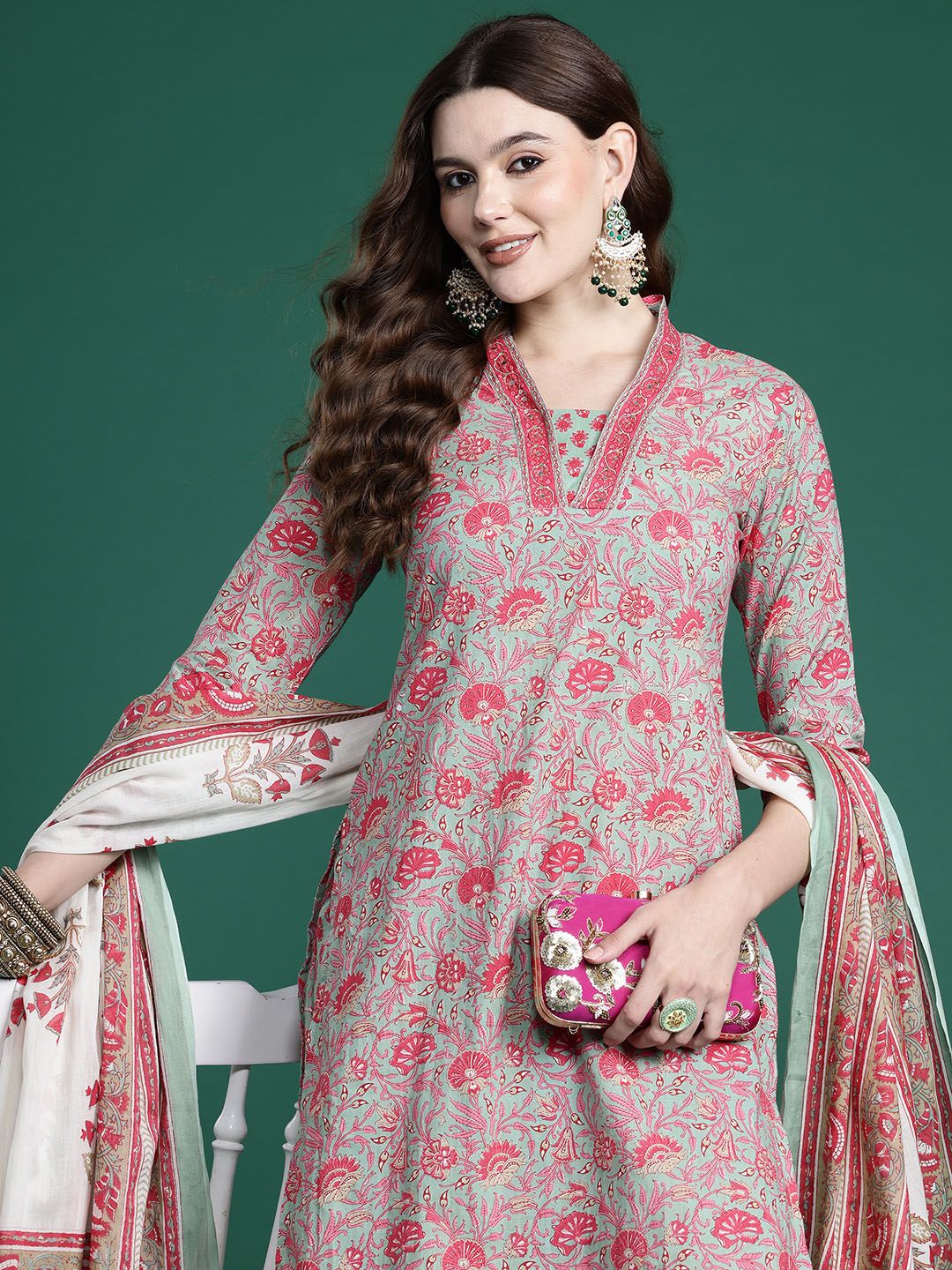Dhiyona IE Floral Printed Pure Cotton Kurta with Salwar & With Dupatta