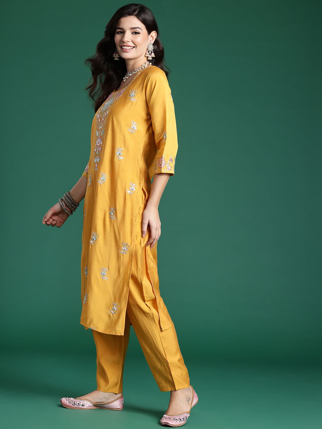 Dhiyona IE Floral Embroidered Sequinned Kurta With Trousers & Dupatta