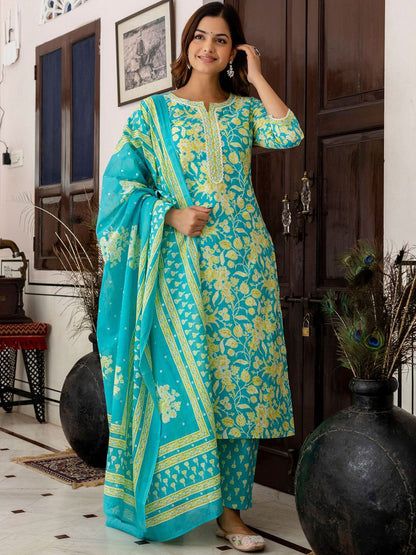 Dhiyona IE Women Floral Printed Regular Pure Cotton Kurta with Trousers & With Dupatta