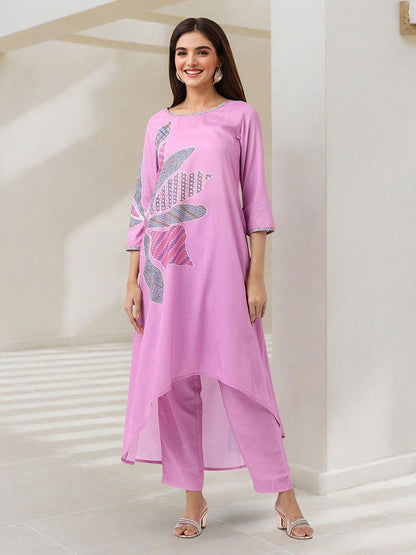 Dhiyona IS Women's Floral Printed Boat Neck A-Line Kurta With Trousers