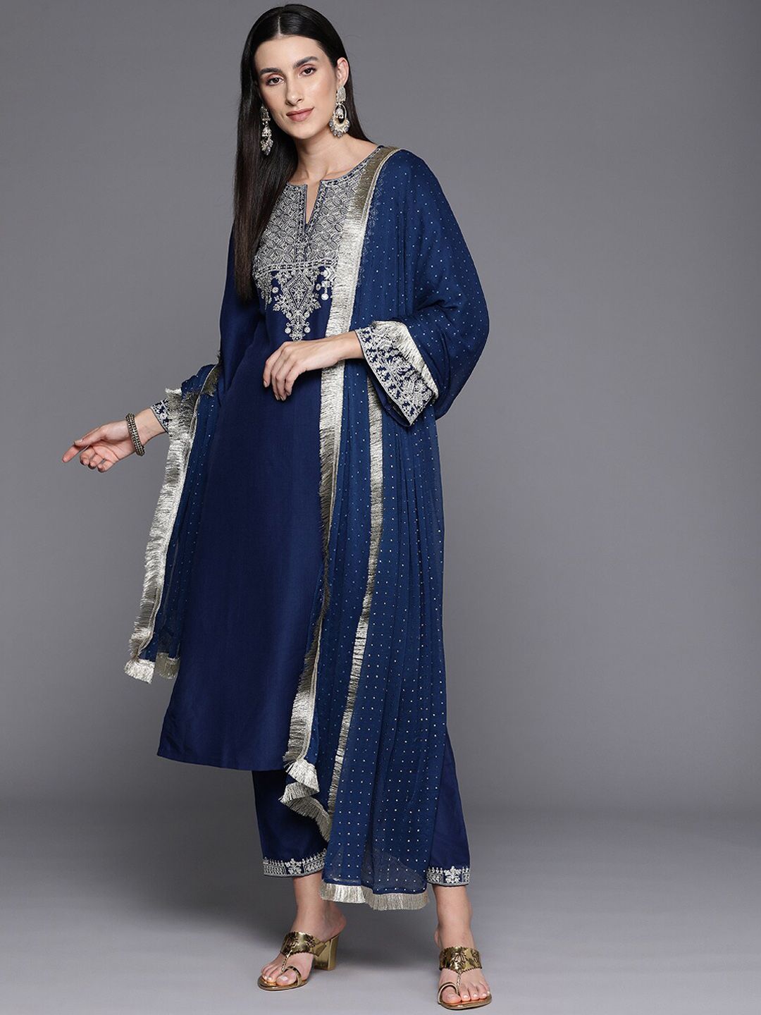 Dhiyona VA Women'sNotch Neck Ethnic Motifs Embroidered Regular Kurta Set
