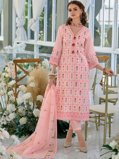 Dhiyona IE Floral Embroidered Thread Work Pure Cotton Kurta With Trousers & Dupatta