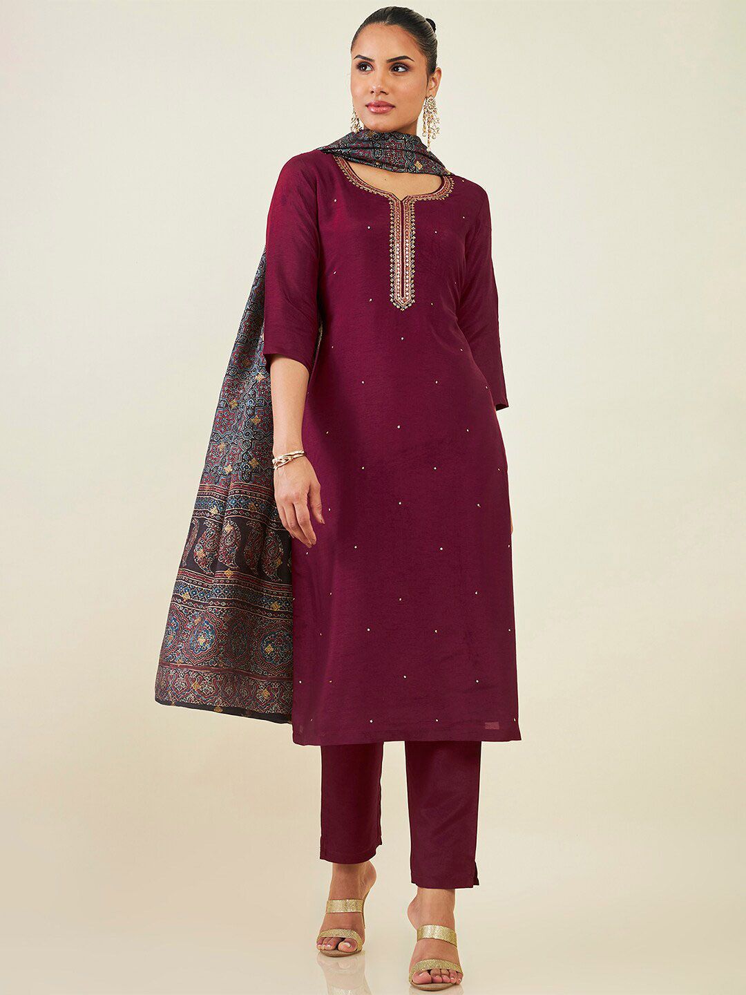 Dhiyona SO Women's Ethnic Motifs Embroidered Sequined Kurta with Trousers & Dupatta