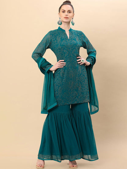 Dhiyona SO Women's Women Green Ethnic Motifs Kurti with Sharara & Dupatta
