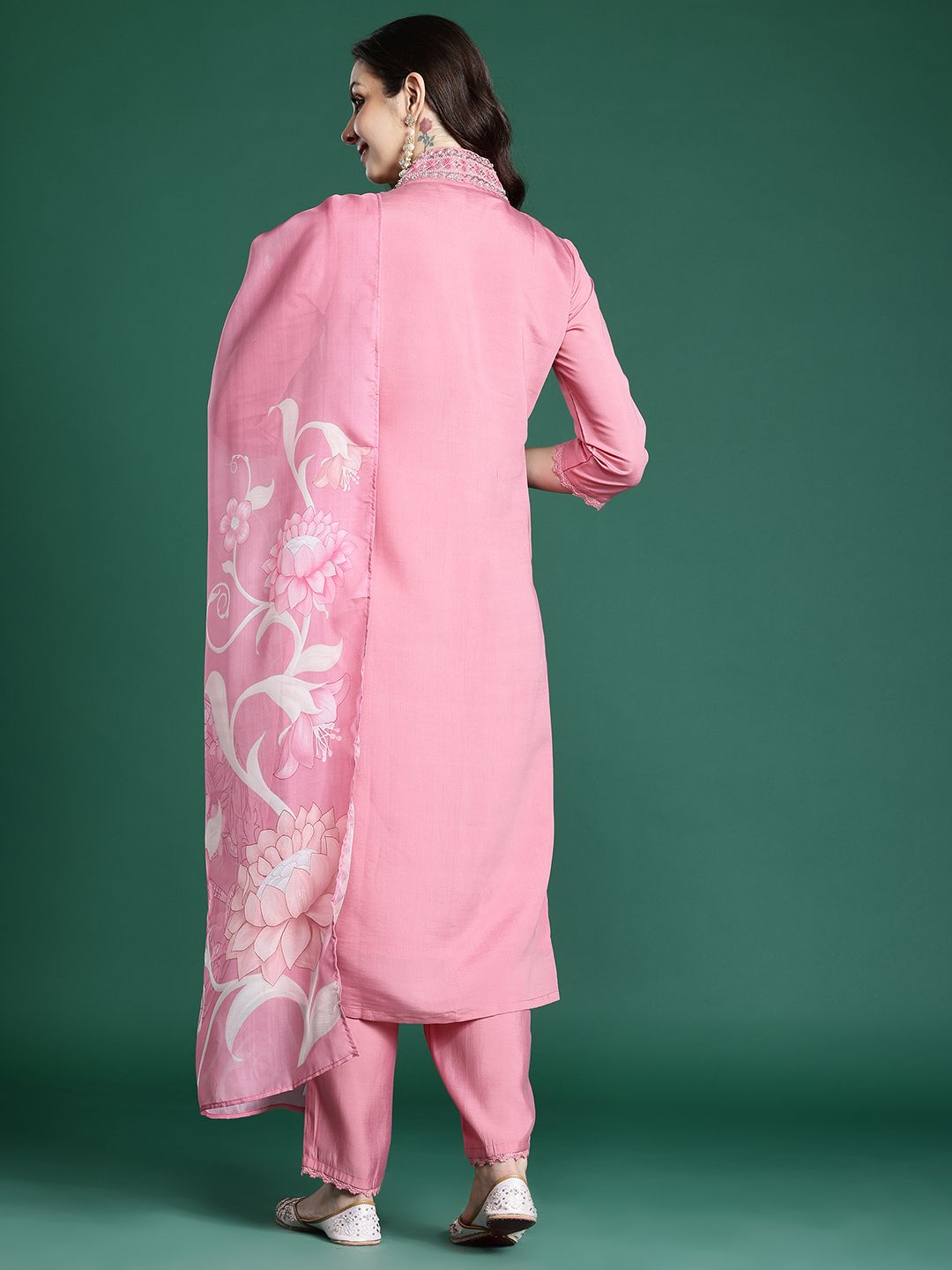 Floral Embroidered Kurta with Trousers & Dupatta