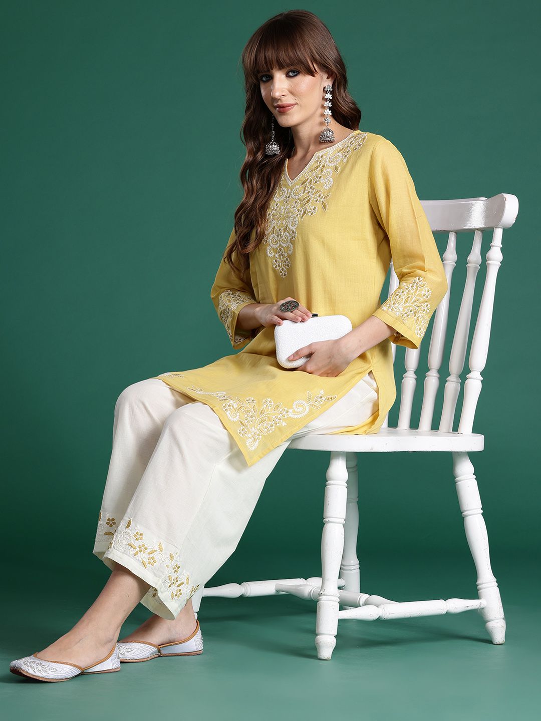 Floral Embroidered Thread Work Pure Cotton Kurti with Trousers