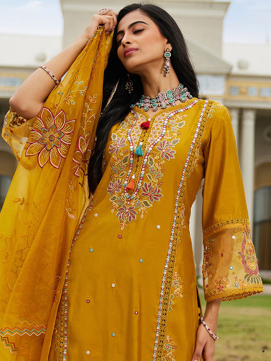 Dhiyona IE Women Ethnic Motifs Embroidered Regular Mirror Work Kurta with Trousers & With Dupatta