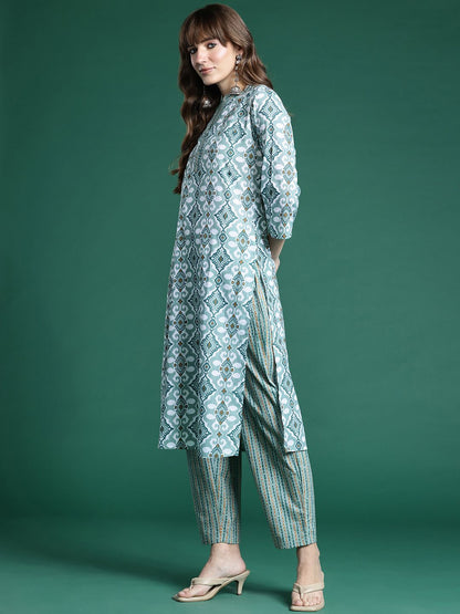 Dhiyona IE Geometric Printed Regular Pure Cotton Kurta with Trousers & Dupatta
