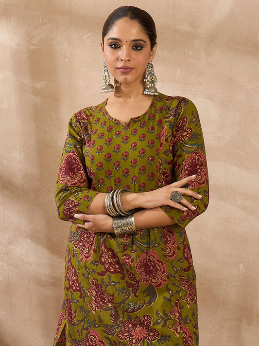 Dhiyona IE Floral Printed Cotton A-Line Tunic With Trousers Co-Ords