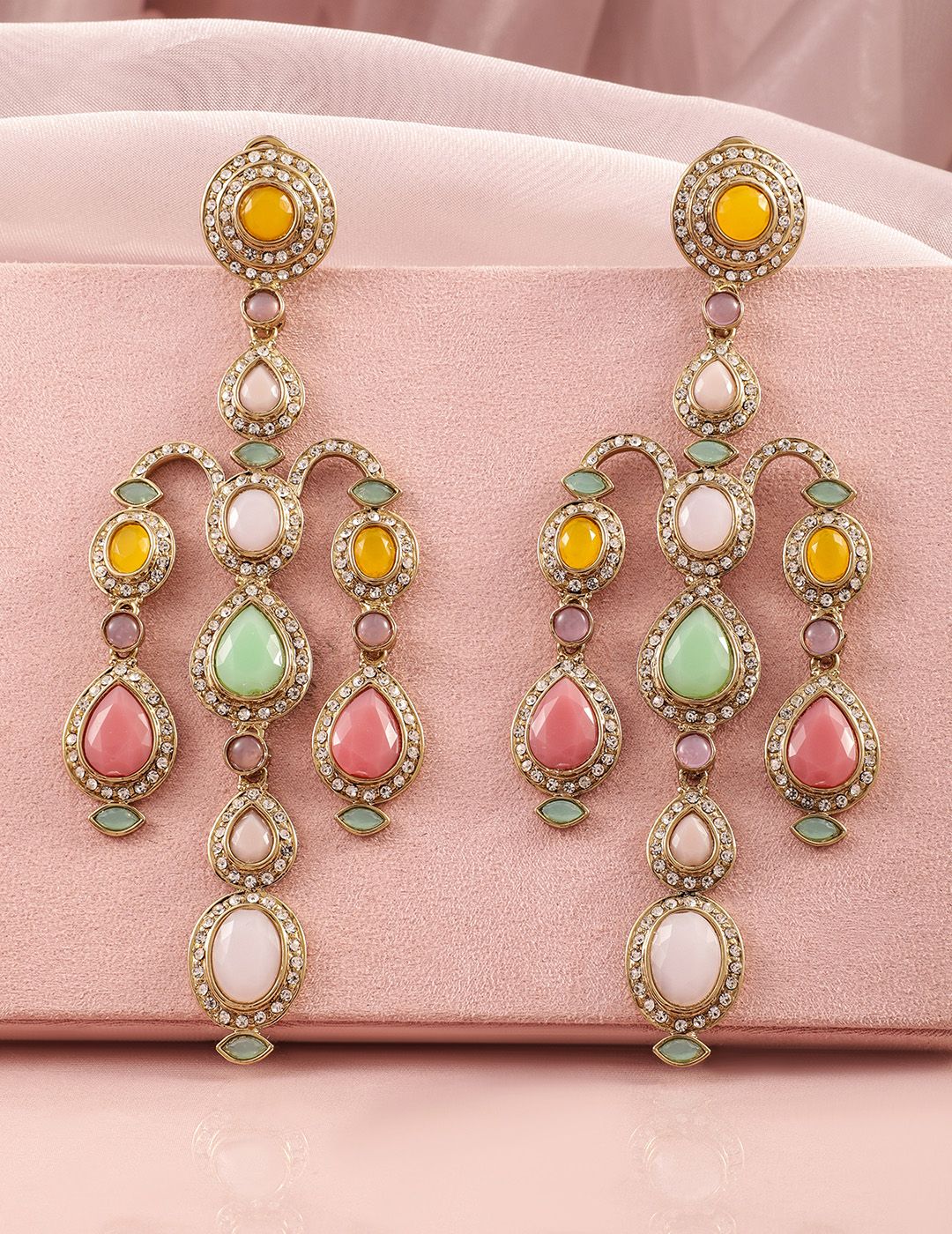 Dhiyona RJ Women's 22K Mehandi Gold-Plated Classic Gemstone & Zirconia Studded Chandelier Earrings