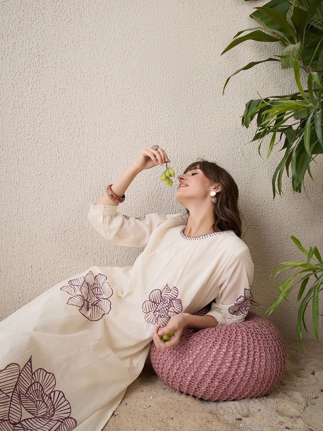 Dhiyona IE Floral Printed Pleated Round Neck Pure Cotton A-Line Kurta With Trousers