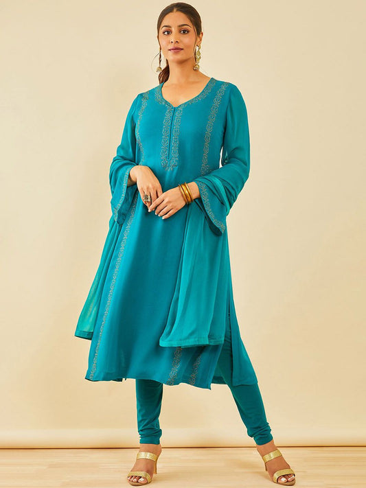 Dhiyona SO Women's Women Floral Embroidered Regular Beads and Stones Kurta with Churidar & With Dupatta