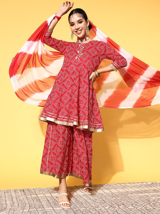 Dhiyona VA Women's Bandhani Pure Cotton Print Parade Kurta Set