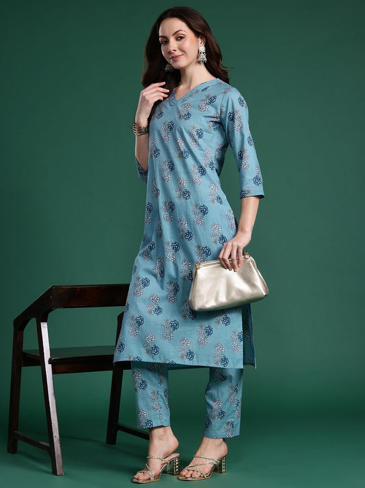 Dhiyona IE Floral Printed Regular Pure Cotton Kurta with Trousers