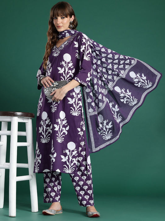 Dhiyona IE Floral Printed Mirror Work Pure Cotton Kurta with Trousers & With Dupatta
