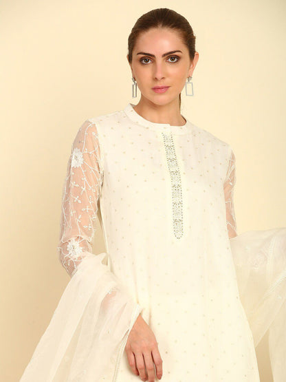 Dhiyona SO Women's Floral Embroidered Sequinned Mandarin Collar Straight Kurta With Trousers & Dupatta