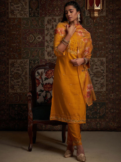 Floral Embroidered Kurta with Trousers & With Dupatta