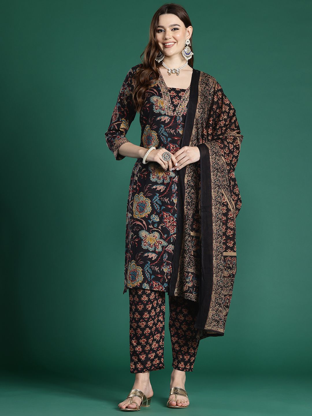 Dhiyona IE Floral Printed Sequinned Pure Cotton Kurta With Trousers & Dupatta