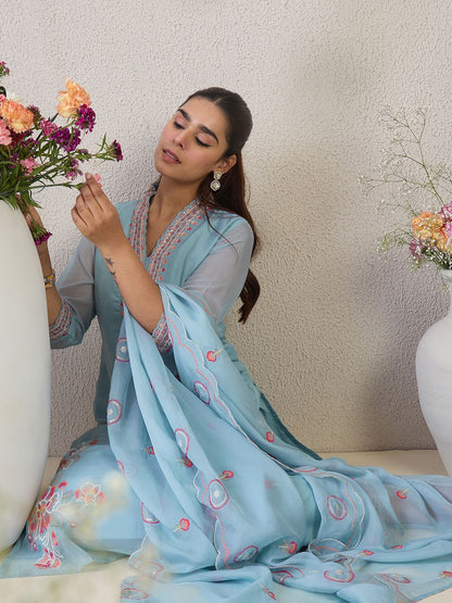 Dhiyona IE Floral Embroidered V-Neck Thread Work Straight Kurta & Trousers & Dupatta