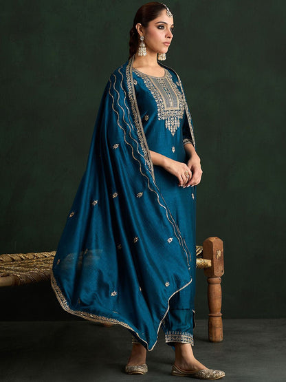 Dhiyona IE Women Ethnic Motifs Embroidered Regular Kurta with Trousers & With Dupatta