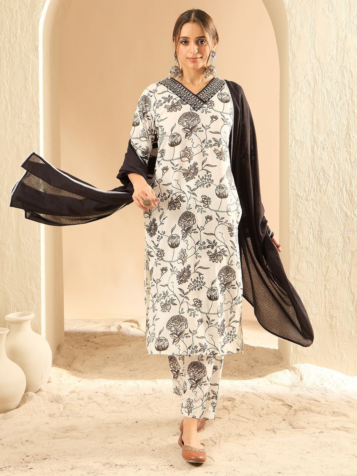 Dhiyona IE Floral Printed Embellished Pure Cotton Straight Kurta with Trouser And Dupatta
