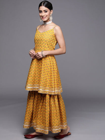 Dhiyona VA Women's Mustard Yellow Ethnic Motifs Printed Pure Cotton Kurta with Sharara & With Dupatta