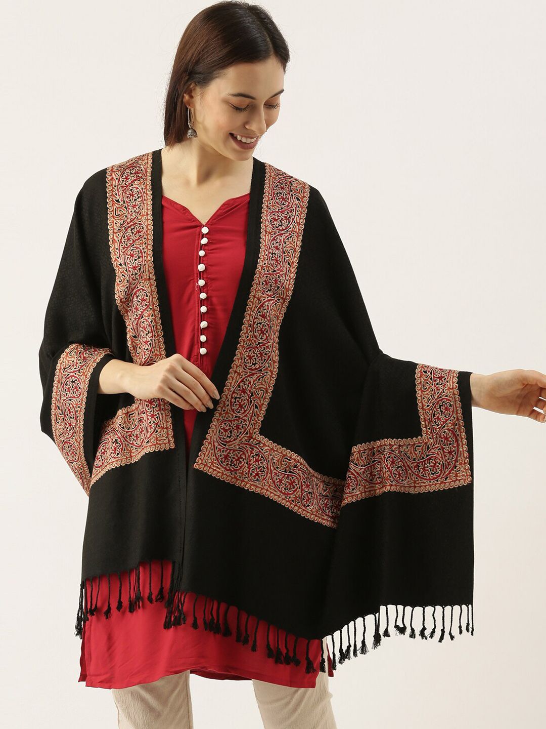 Dhiyona PA Women Black & Maroon Embroidered Shawl