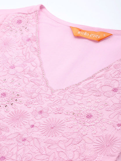 Floral Embroidered Panelled Thread Work Pure Cotton Kurta with Trousers & Dupatta