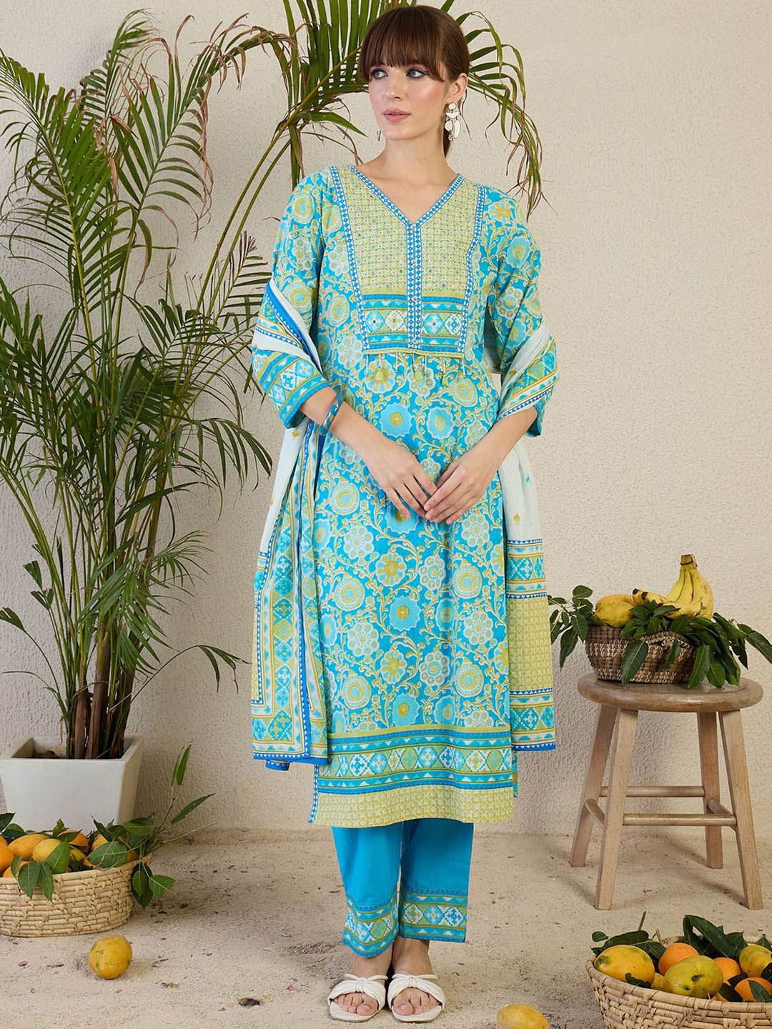 Women Floral Printed Cotton Kurta with Trousers & Dupatta