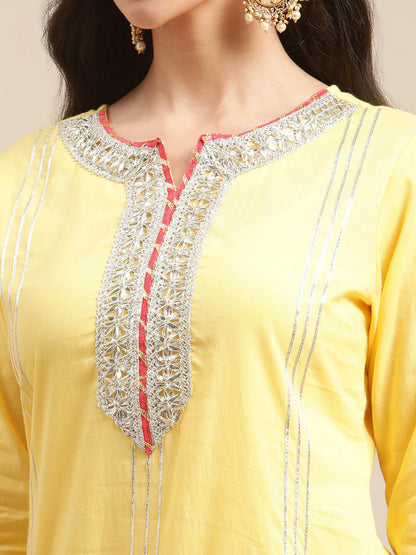 Dhiyona VA Women's Yellow & Pink Gotta Patti Pure Cotton Kurta with Sharara & Shibhori Dupatta