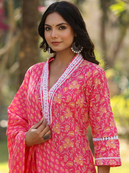 Dhiyona VA Women'sFloral Printed Regular Straight Kurta with trousers & with Dupatta