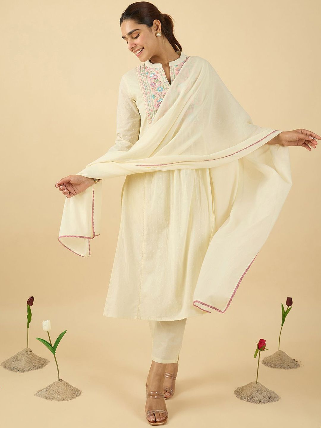 Dhiyona IE Floral Embroidered Mandarin Collar A Line Pure Cotton Kurta With Trouser &Dupatta
