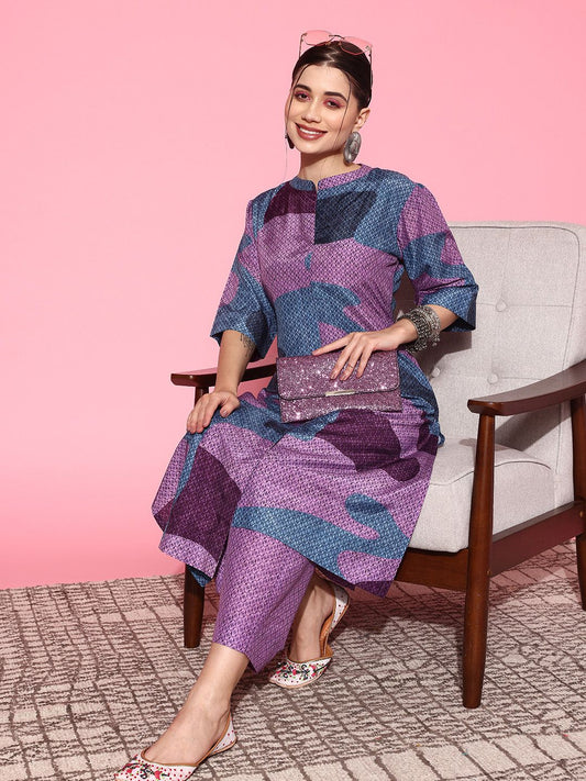 Dhiyona VA Women'sAbstract Printed Mandarin Collar Kurta with Palazzos