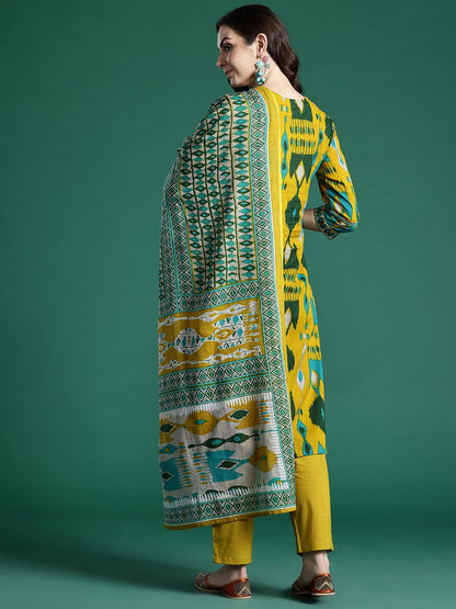 Dhiyona IE Geometric Printed Regular Pure Cotton Kurta with Trousers & Dupatta