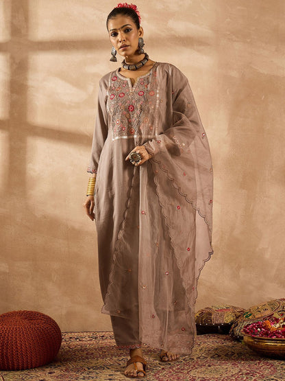 Dhiyona IE Women Ethnic Motifs Embroidered Regular Thread Work Kurta with Trousers & With Dupatta