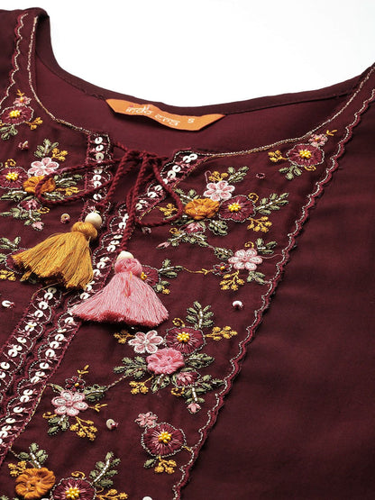 Dhiyona IE Women Floral Embroidered Regular Sequinned Kurta with Trousers & With Dupatta