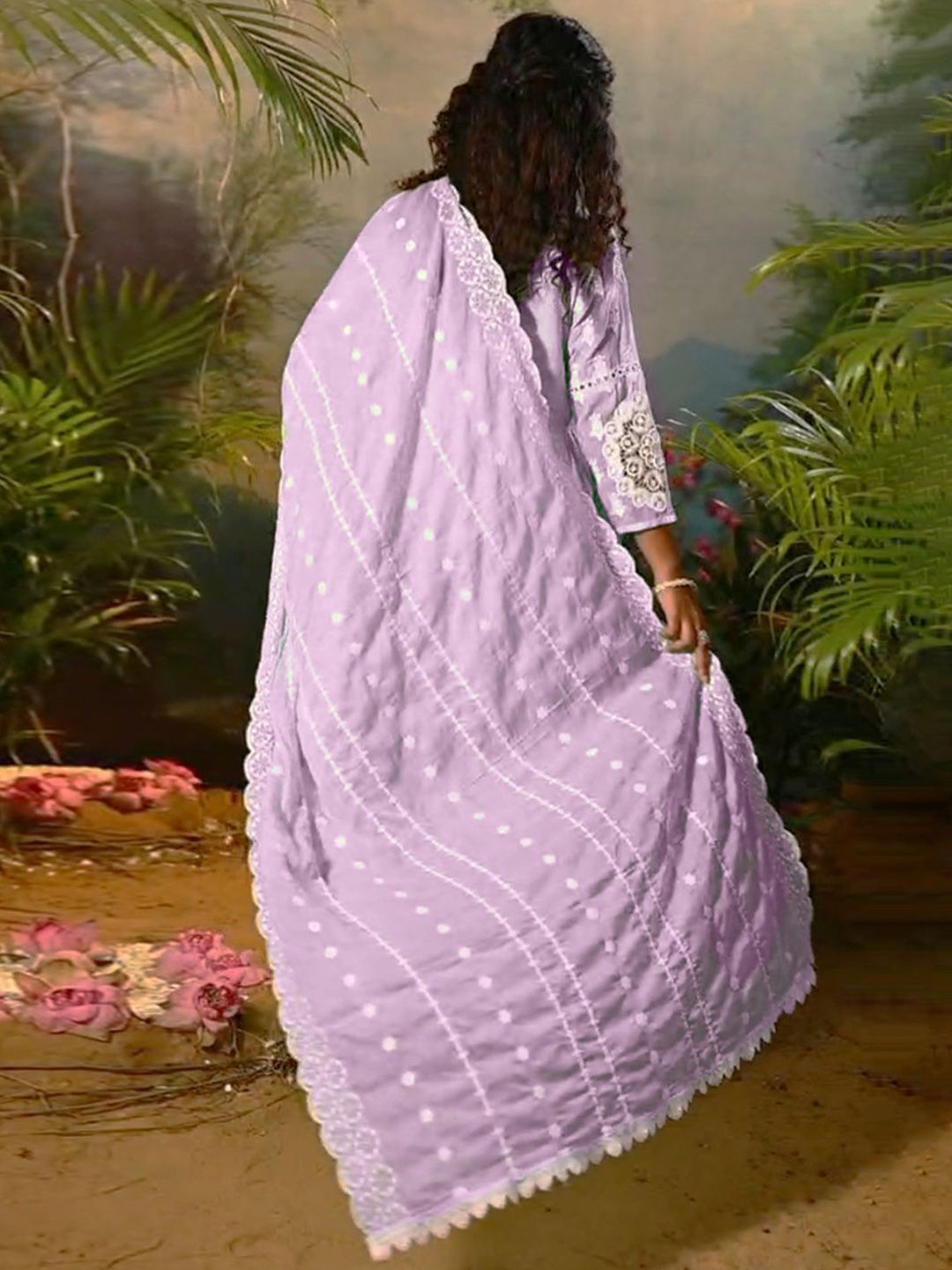 Floral Embroidered V Neck Anarkali Pure Cotton Kurta With Trousers & Dupatta