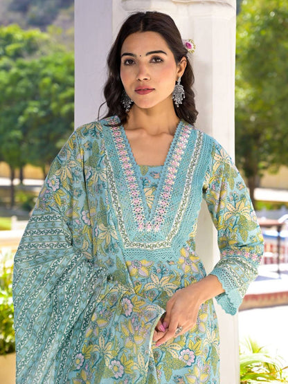 Dhiyona VA Women'sFloral Printed Regular Mirror Work Pure Cotton Kurta With Trouser & Dupatta