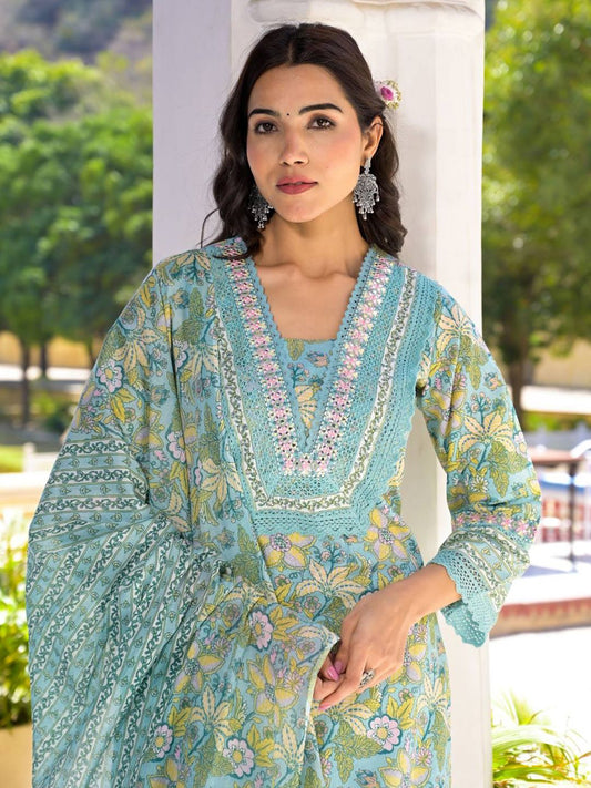 Dhiyona VA Women'sFloral Printed Regular Mirror Work Pure Cotton Kurta With Trouser & Dupatta