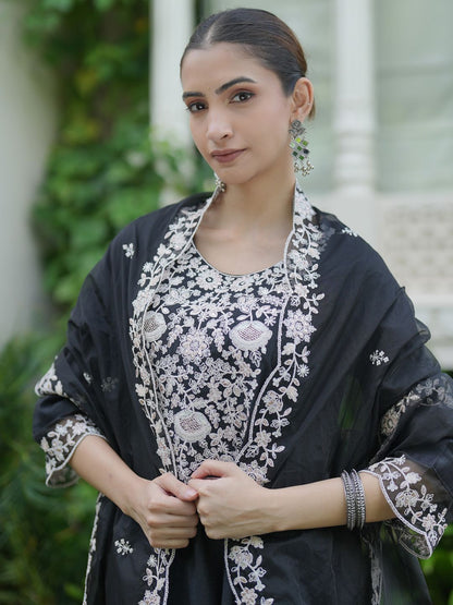 Dhiyona IE Floral Embroidered Thread Work Liva Kurta WithTrousers & Dupatta