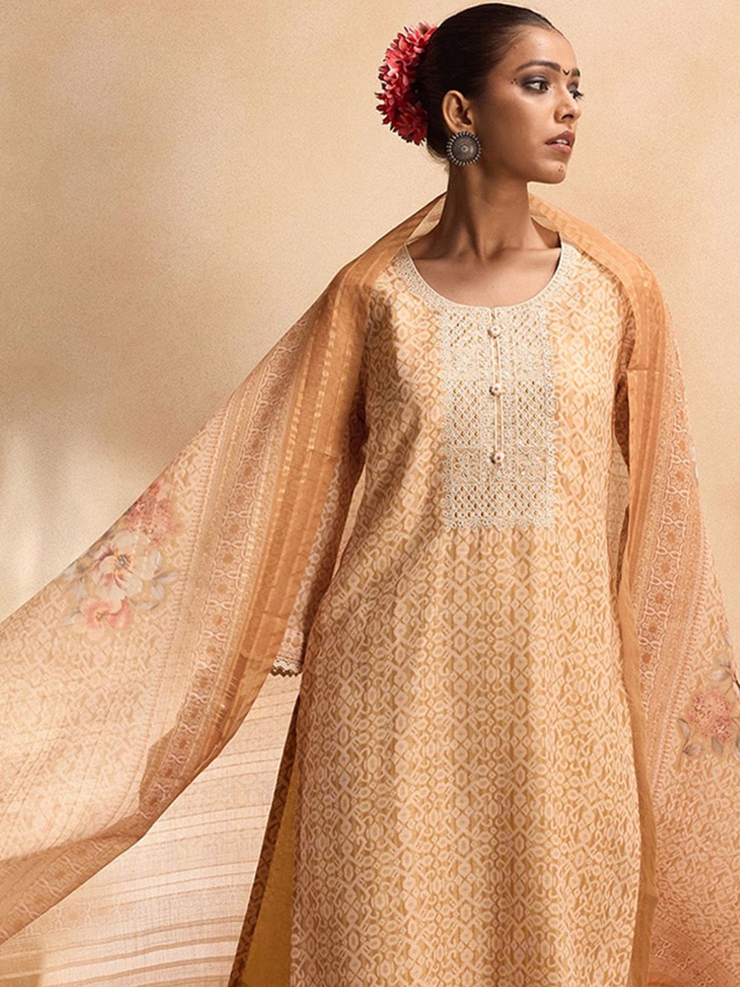 Dhiyona IE Ethnic Motifs Printed Pure Cotton Straight Kurta with Trousers & Dupatta