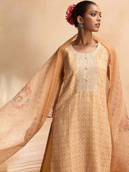 Dhiyona IE Ethnic Motifs Printed Pure Cotton Straight Kurta with Trousers & Dupatta