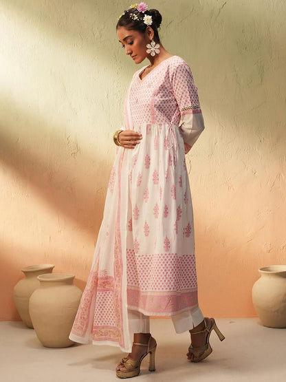Dhiyona IS Women's Women Floral Printed Regular Pure Cotton Kurta With Trousers & Dupatta