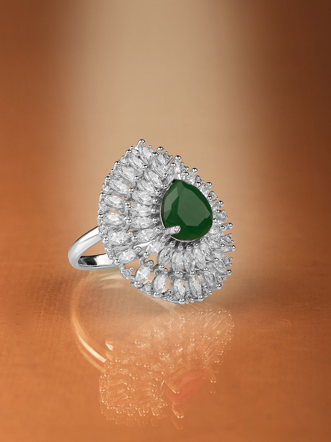 Dhiyona RJ Women's Rhodium Plated High Quality AD & Emerald Stone Studded Finger Ring