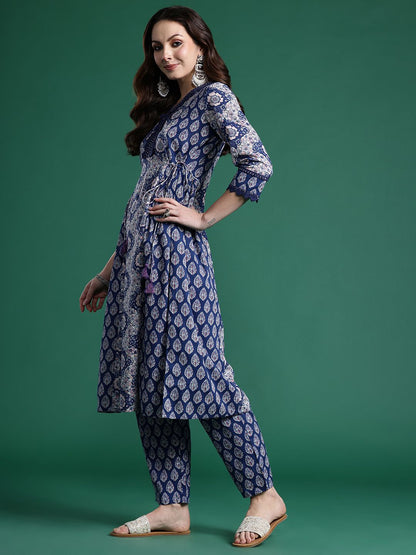 Dhiyona IE Floral Printed Angrakha Mirror Work Pure Cotton Kurta with Trousers