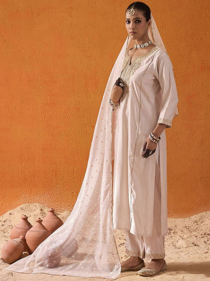 Dhiyona IE Paisley Embroidered Panelled Liva Straight Kurta With Trousers & Dupatta